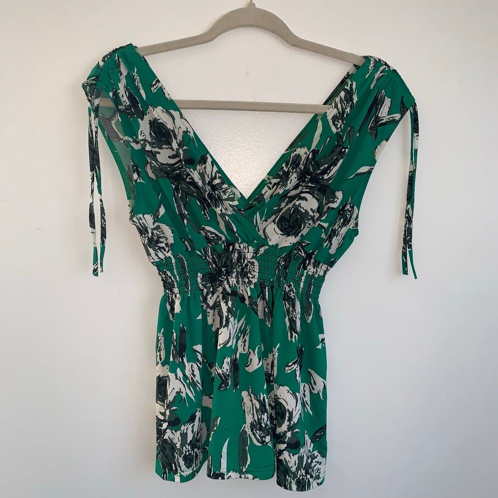 Anna Morgan Women’s S Green Floral  – V‑Neck, Shoulder Ties, Elastic Waist,